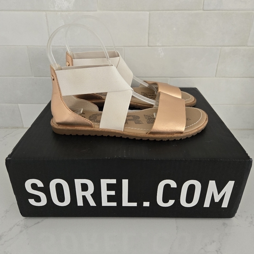 Sorel Ella Elastic Ankle Strap Gladiator Sandal Rose Gold Metallic Leather 6.5